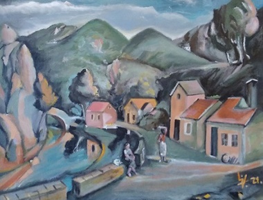 UŽS Plavo svjetlo, Ljubica Vučinić, Planinski pejzaž (po predlošku Vladimira Becića), ulje na platnu, 55x56cm, 2021.