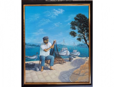 AMA ARTEM, Ladislav Basa, Ribar plete mrizu svoju, ulje na platnu, 60x50, 2021.