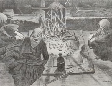 UŽS Plavo svjetlo, Antun Stipetić, Pečenje krumpira na žaru komina, crtež olovkom, 70x50cm, 2021.
